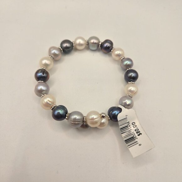 New Freshwater Cultured Pearl Bracelet Bangle Gray Shite Sterling Silver Beaded - Picture 4 of 4